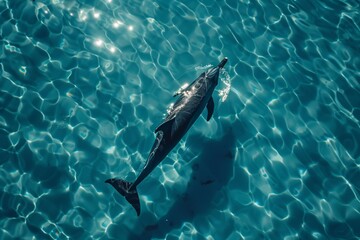 A dolphin swims gracefully near the surface, its sleek form silhouetted against shimmering turquoise waters illuminated by sunlight.