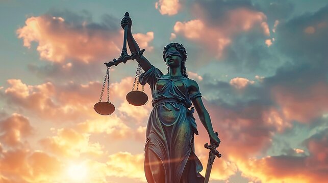 Lady justice at the square in Frankfurt. The goddess of justice against a sunset sky.