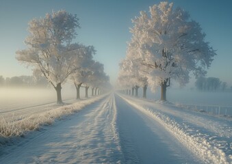 Obraz premium A beautiful winter scene of a road lined with snow-covered trees. AI.