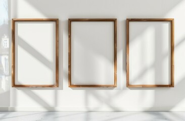 Three empty wooden frames hanging on a white wall. AI.