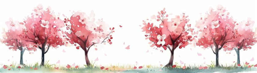 Beautiful watercolor painting of cherry blossom trees in full bloom, showcasing pink flowers on a light background. Ideal for spring themes.