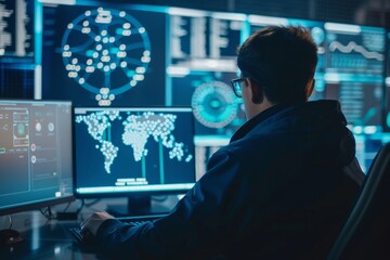 A cybersecurity analyst monitors global networks on high-tech displays, analyzing data and potential threats in a dimly lit control room.