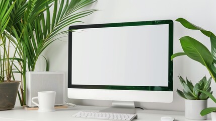 Blank tab screen on a modern white desktop computer, with a lush green plant and minimalistic office decor enhancing the serene environment