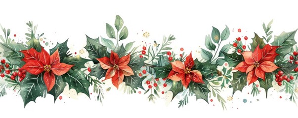 Festive Christmas garland with poinsettias, holly, and red berries, perfect for holiday decoration and celebration themes.