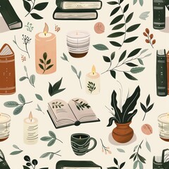 Cozy Home Items Seamless Pattern: Candles, Books, and Plants Illustration for Sophisticated Design Projects