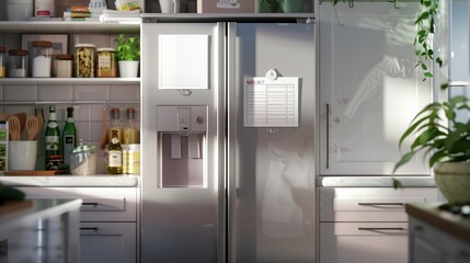 Bright kitchen with blank small photo mockups stuck to the refrigerator door, surrounded by magnets and grocery lists, illuminated by natural light.