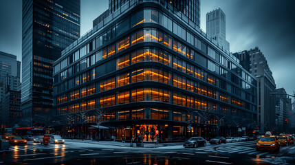 Modern Office Building in New York City Showcased with Professional Photography Style, Highlighting Sleek Architectural Design and Urban Elegance