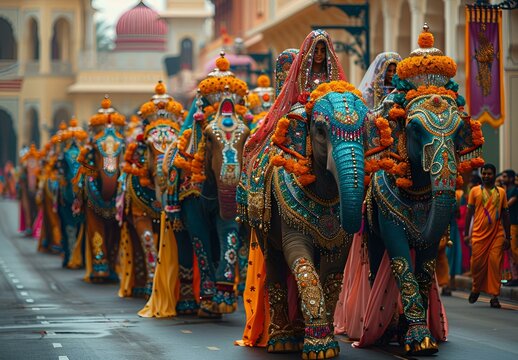 A group of elephants marching in a parade, showcasing their majestic presence and strength.