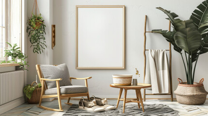 Armchair with Pillow: Placed on a cozy brown rug, offering a comfortable spot for relaxation.
