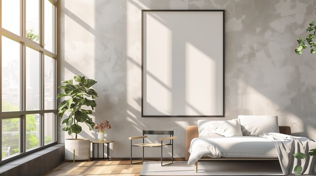 Cozy bedroom with a blank frame on a pale gray wall, minimalist furniture, and sunlight streaming through large windows.