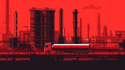 Obraz premium Red-toned industrial scene with a large fuel truck in the foreground.