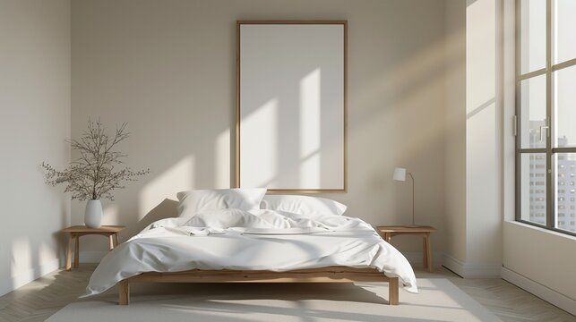 Elegant bedroom with a blank frame, minimalist wooden bed, crisp white bedding, and soft natural light filtering in.