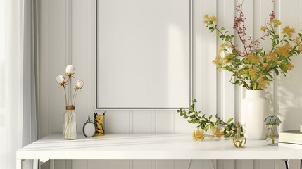 Elegant home office with a white desk, blank poster on the wall awaiting artwork, a vase with fresh flowers, and a bright, cheerful atmosphere.