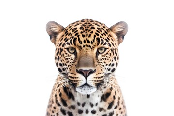 Obraz premium Leopard on a white background, showing its distinctive spots and intense gaze, embodying its role as a wild predator in nature