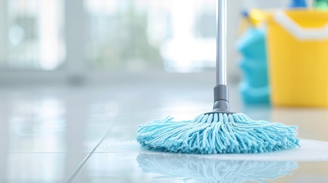 Eye-Level Angle, a person cleaning hard floors with a mop, surrounded by cleaning tools and supplies, in a well-kept and spacious home, with text copy space on the right side, prof