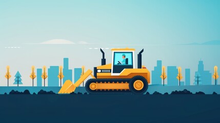 Yellow bulldozer at urban construction site with city skyline background, under clear sky, autumn trees on horizon.