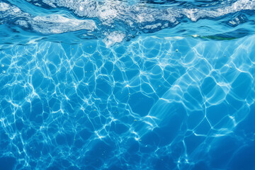 Fototapeta premium Processed collage of blue water waves texture in sunlight. Background for banner, backdrop