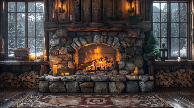 Cozy rustic cabin interior with stone fireplace and burning fire, winter outdoor view. Warm and inviting home concept