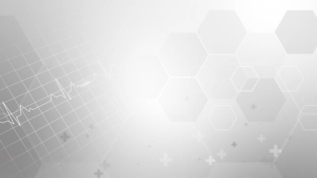 Health care and science grey pattern. Medical innovation concept background design. Cardiogram of the heart. Loop animation. Copy space.