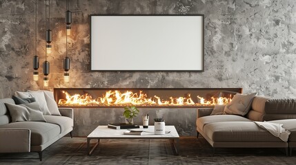 Horizontal mockup frame on a textured wall above a modern fireplace in a cozy living room.