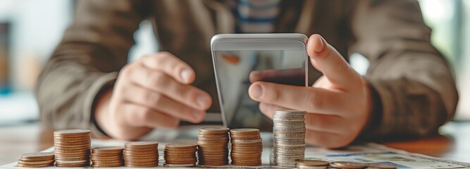 A businessman uses the smartphone investing concept to invest money.