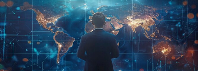 Businessman looks at computer pictures of globe maps and interconnected networks against a dark blue background.