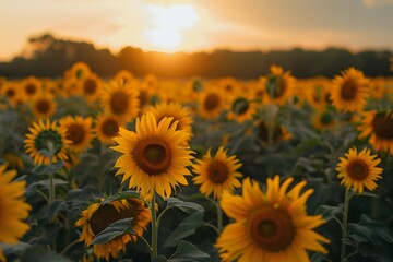 Fototapeta premium Sunset Serenity in the Sunflower Fields