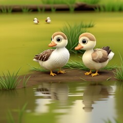 3d cute little duck. Ducks are expressing and playing, grass and puddles of water 
