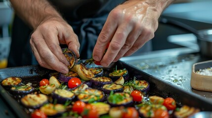 Chef Skillfully Plating Roasted Vegetable Dish with Eggplant, Zucchini, and Cherry Tomatoes