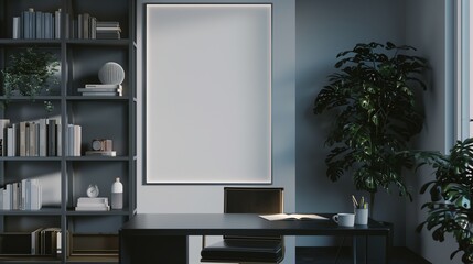 Stylish home office featuring a blank wall poster mockup, a sleek black desk, a modern chair, and a bookshelf filled with neatly arranged items, lit by natural light.