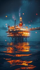 Obraz premium Nighttime offshore oil platform drilling for gas and petroleum in the ocean under moonlight