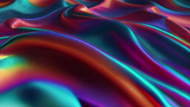 Colorful wavy background in bright blue, orange, green and red color. Halographic gradient. Multicolor metallic surface. Modern colorful wallpaper. Seamless loop animation. 3d rendering