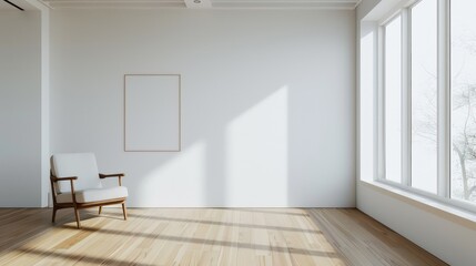 Fototapeta premium modern scandinavian interior living room with chair or sofa and blank wall, empty wall, blank canvas, copy space, bright interior