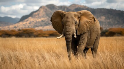 Fototapeta premium An African Elephant walks through tall grass in its natural habitat