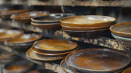 Handmade ceramic dishes on the rack. 