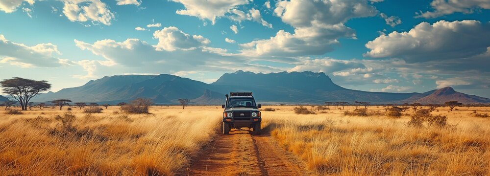 Kenya Desert with a car for transportation. Vacation, tour guide, and driving with technology for adventure