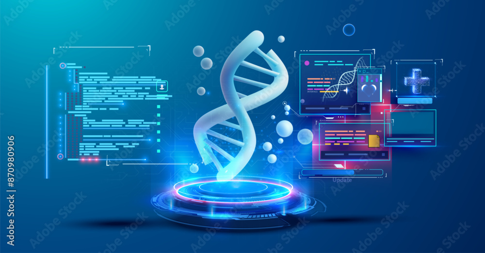 Leinwandbilder Digital illustration showcases a glowing DNA strand surrounded by dynamic data streams, symbolizing cutting-edge technology in genetic research and bioinformatics. Vector