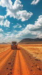 Kenya Desert with a car for transportation. Vacation, tour guide, and driving with technology for adventure