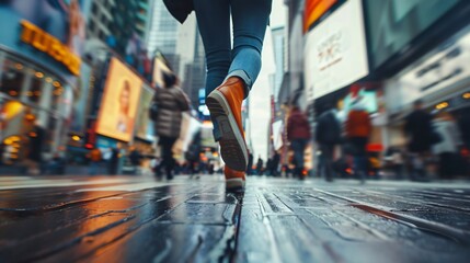 Fototapeta premium A person walking through a bustling city street, shot from the waist down to capture movement and fashion