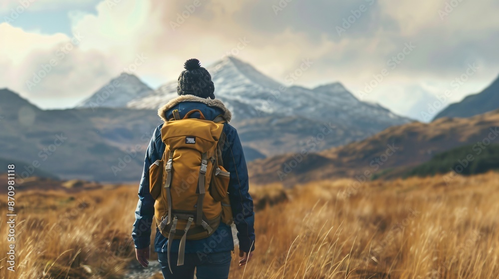 Wall mural a person with a backpack, walking towards a distant mountain range, shot from behind