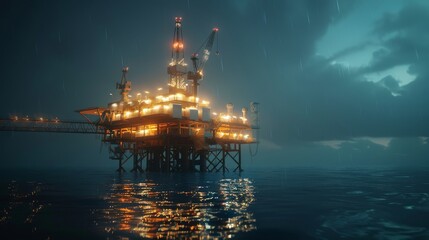Obraz premium Nighttime offshore oil platform drilling for gas and petroleum in the sea realistic photo