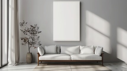 Fototapeta premium modern scandinavian interior living room with chair or sofa and blank wall, empty wall, blank canvas, copy space, bright interior