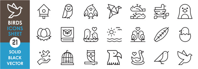 A set of line icons related to birds. Birds, eagle, sparrow, symbol, feather, eggs, chicken, love, dead bird, penguin and so on. Vector outline icons set.