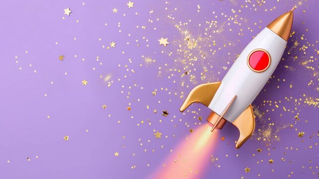 Metallic brass retro toy rocket on a pastel purple background with golden confetti, cosmonautics space day