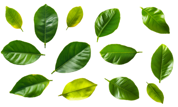 realistic fresh green lemon leaves isolated on transparent or white background