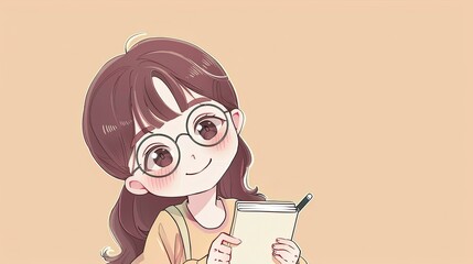 Cute Girl with Glasses Holding a Notebook.