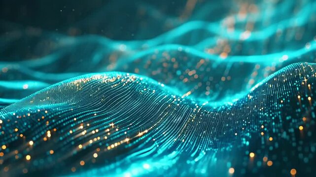 A digital wave pattern in shades of teal, adorned with glowing gold particles. The abstract design evokes a sense of futuristic technology or energy flow, with a vibrant yet soothing color palette.