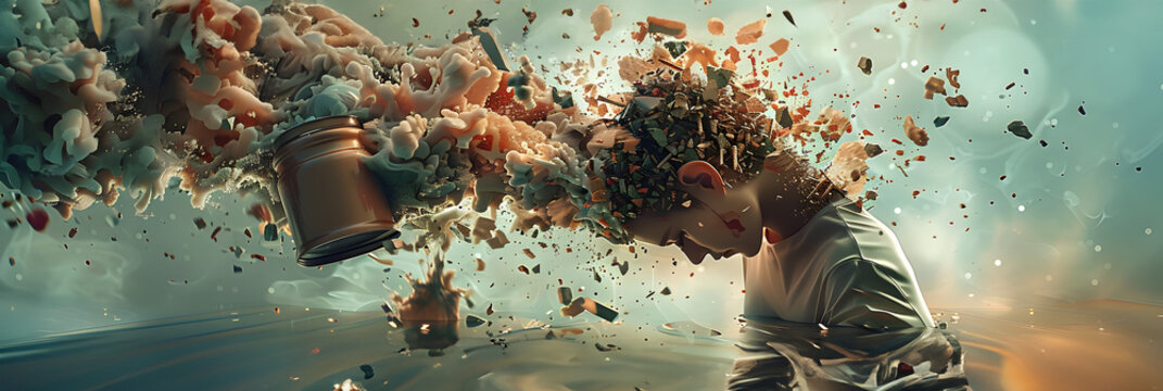 person's mind overflowing with intrusive thoughts, represented by a chaotic, overflowing container.