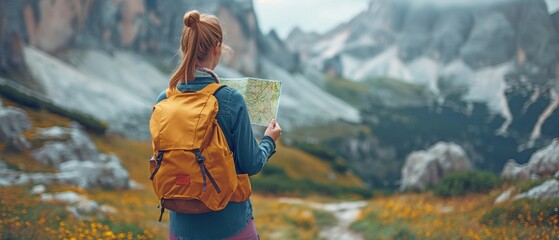 In adventure, a woman is hiking and checking GPS maps for her location on the mountains.