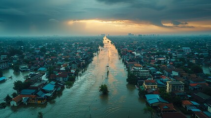 Realistic photo of a flood-prone area with resilient infrastructure, demonstrating climate resilience and adaptive measures in flood management. , Minimalism,